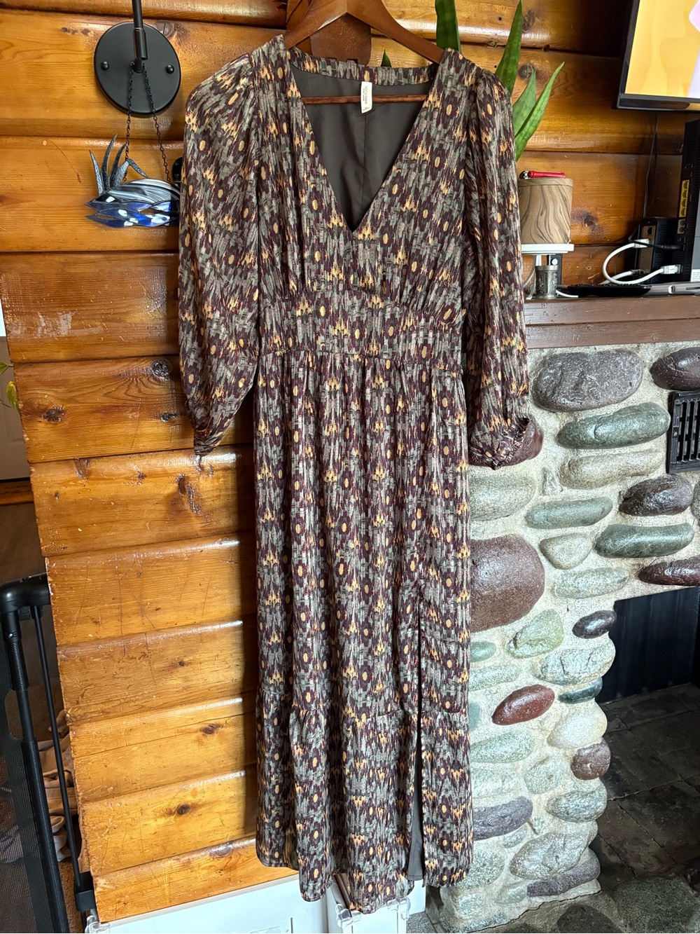 Gentle Fawn Brown Printed V-Neck Maxi Dress with Yellow Accents